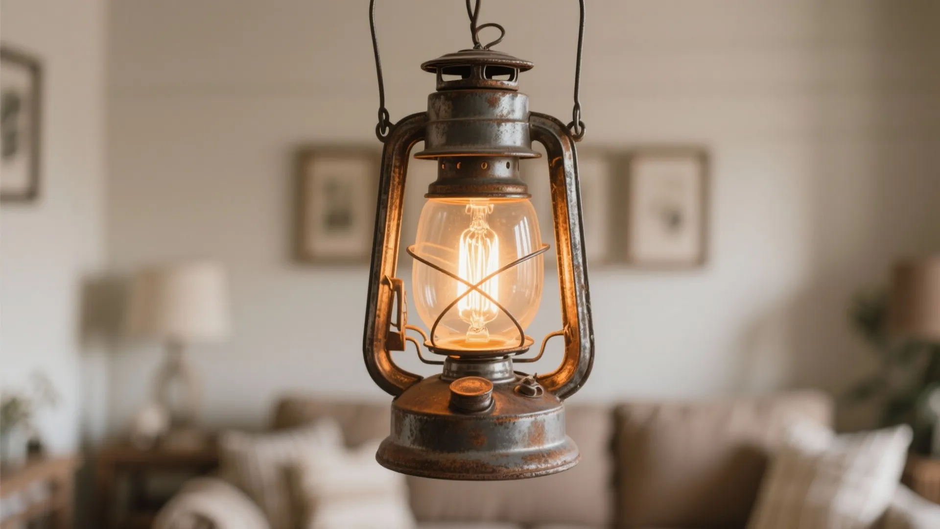 Vintage metal lantern with a glowing light bulb hanging in front of a blurred living room