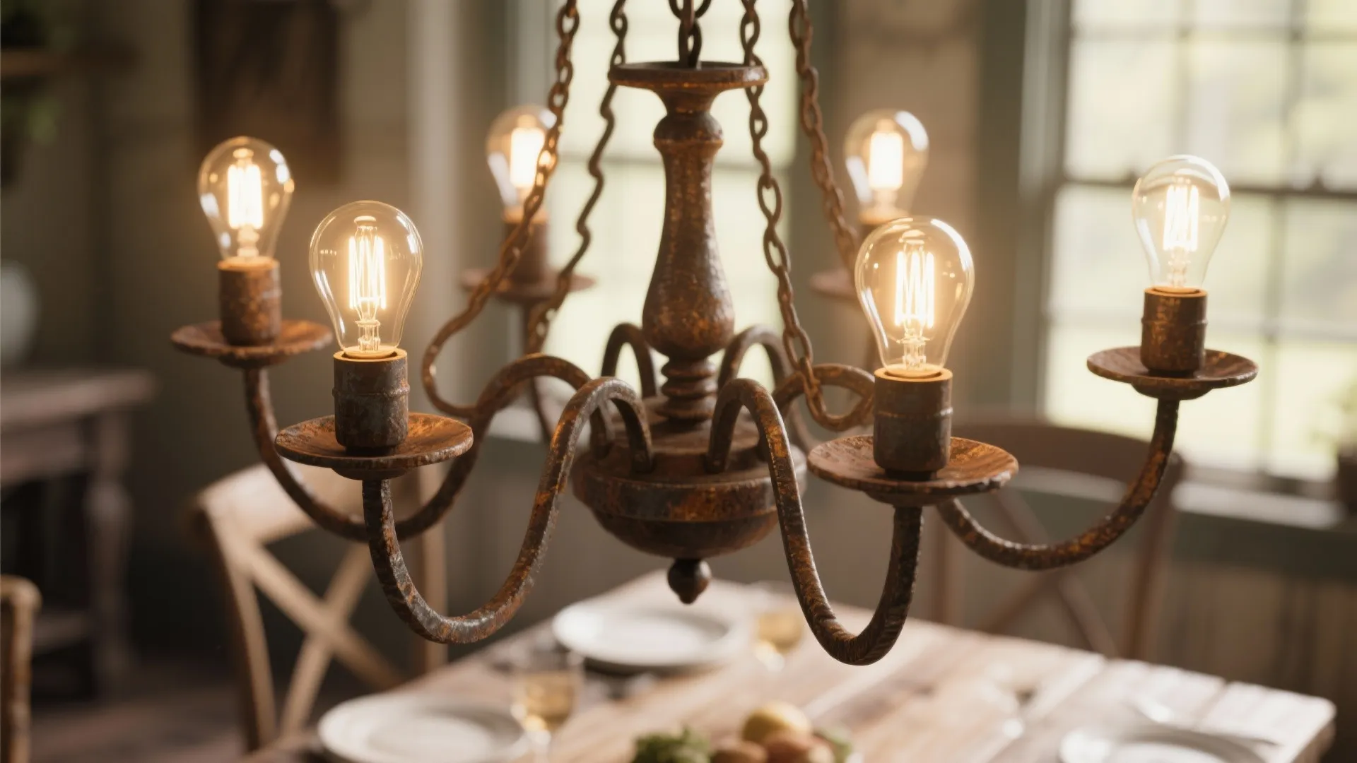 Close-up of wrought iron chandelier with Edison bulbs