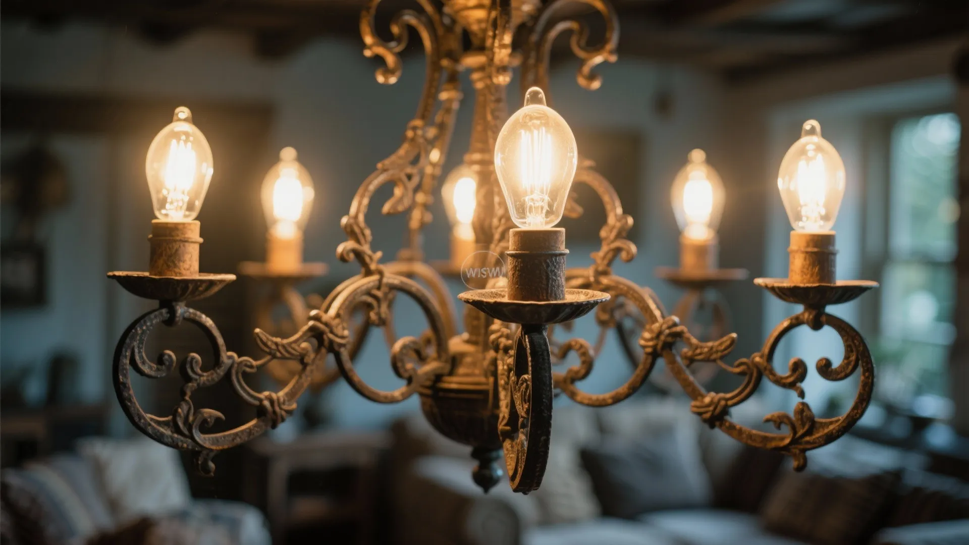 Vintage metal ceiling light with warm glowing light bulbs in a cozy dimly lit living room
