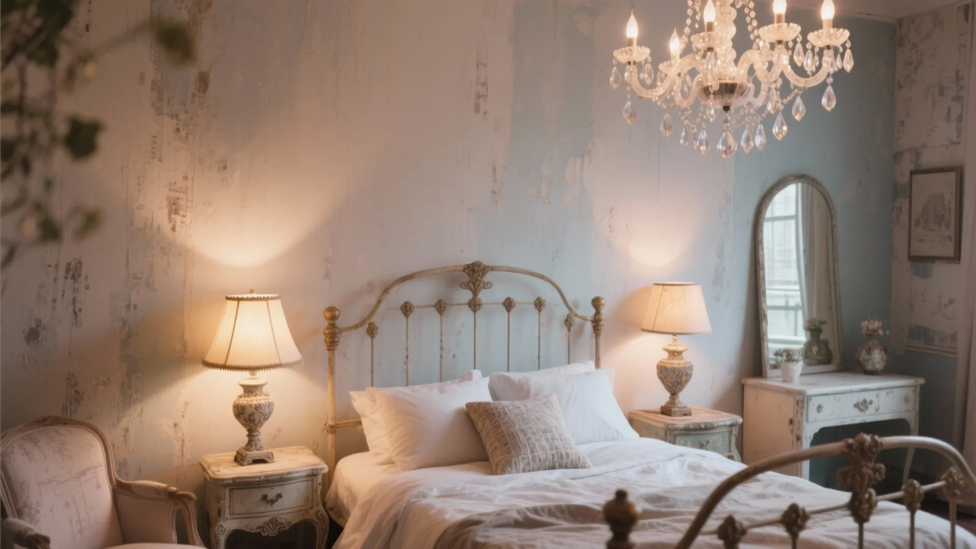 Shabby chic bedroom with mismatched vintage lamps and crystal chandelier
