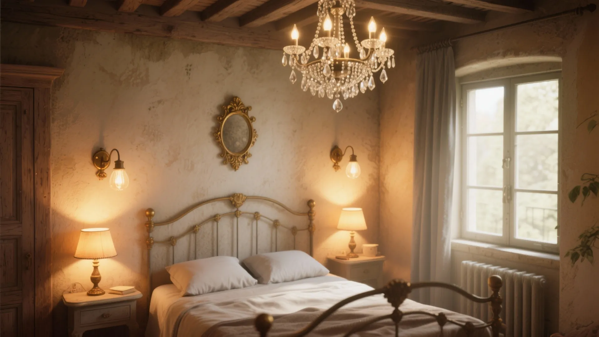 Vintage bedroom with gold bed frame white bedding wall light ceiling light and warm table lamps
