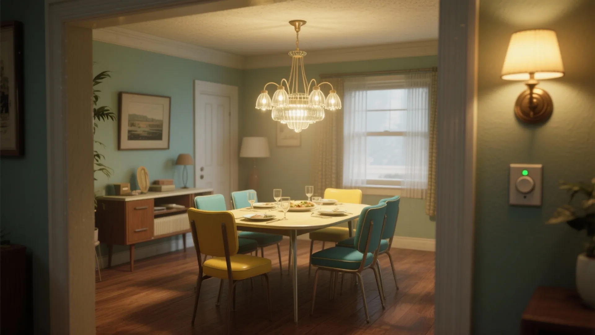 1950s dining room with original chandelier retrofitted with tunable LED bulbs and a discreet smart dimmer.