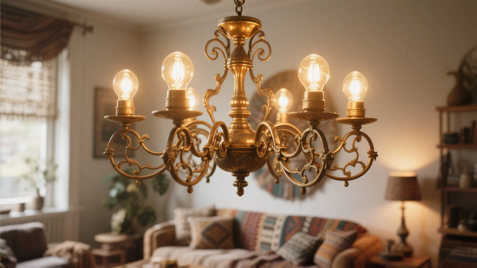 Antique brass chandelier casting warm light in a living room