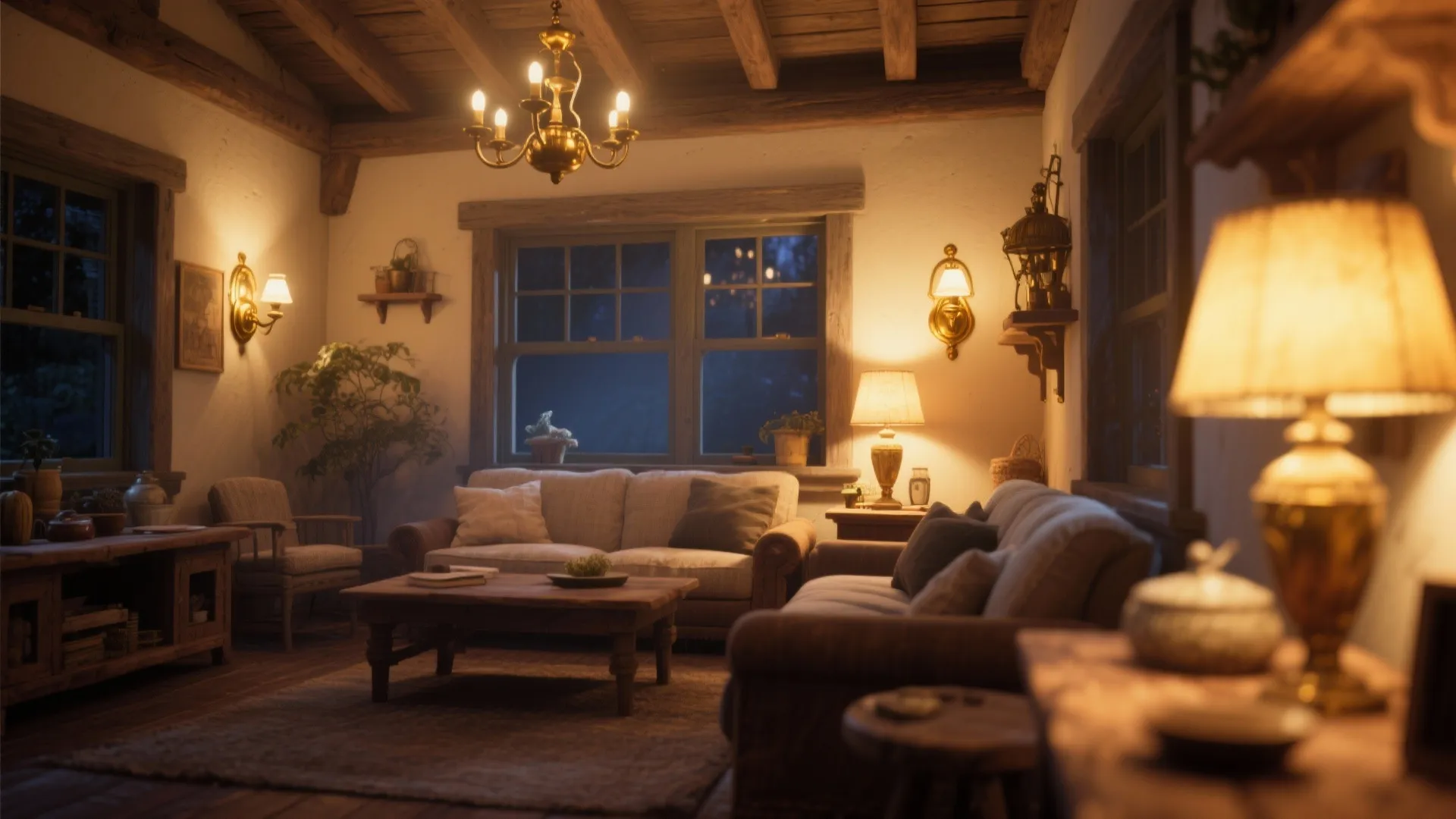 Cozy living room with warm ceiling light and wall light fixtures near a comfortable sofa