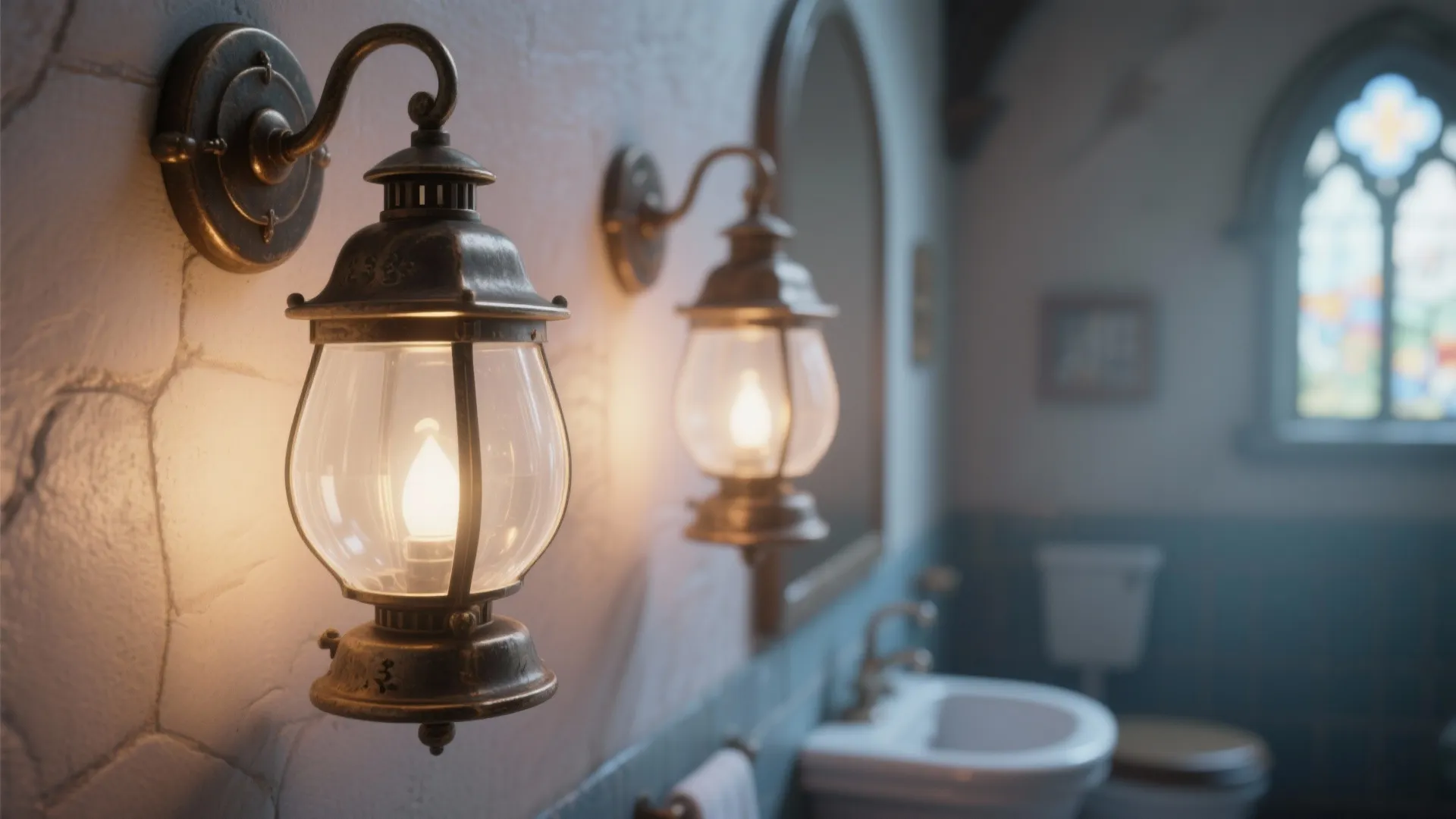 Vintage lantern-style bathroom sconce emitting warm light