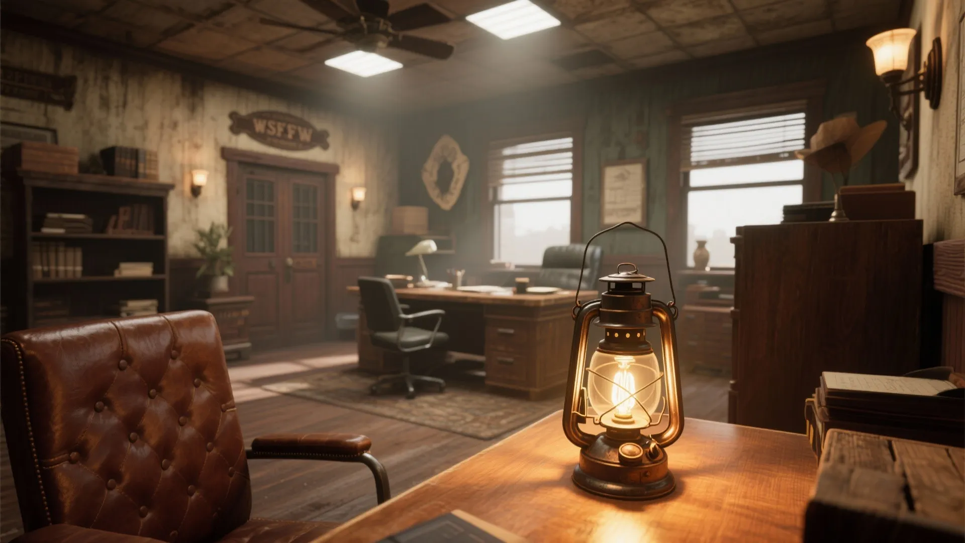Vintage style home office with a metal lantern on desk leather chair and wooden furniture