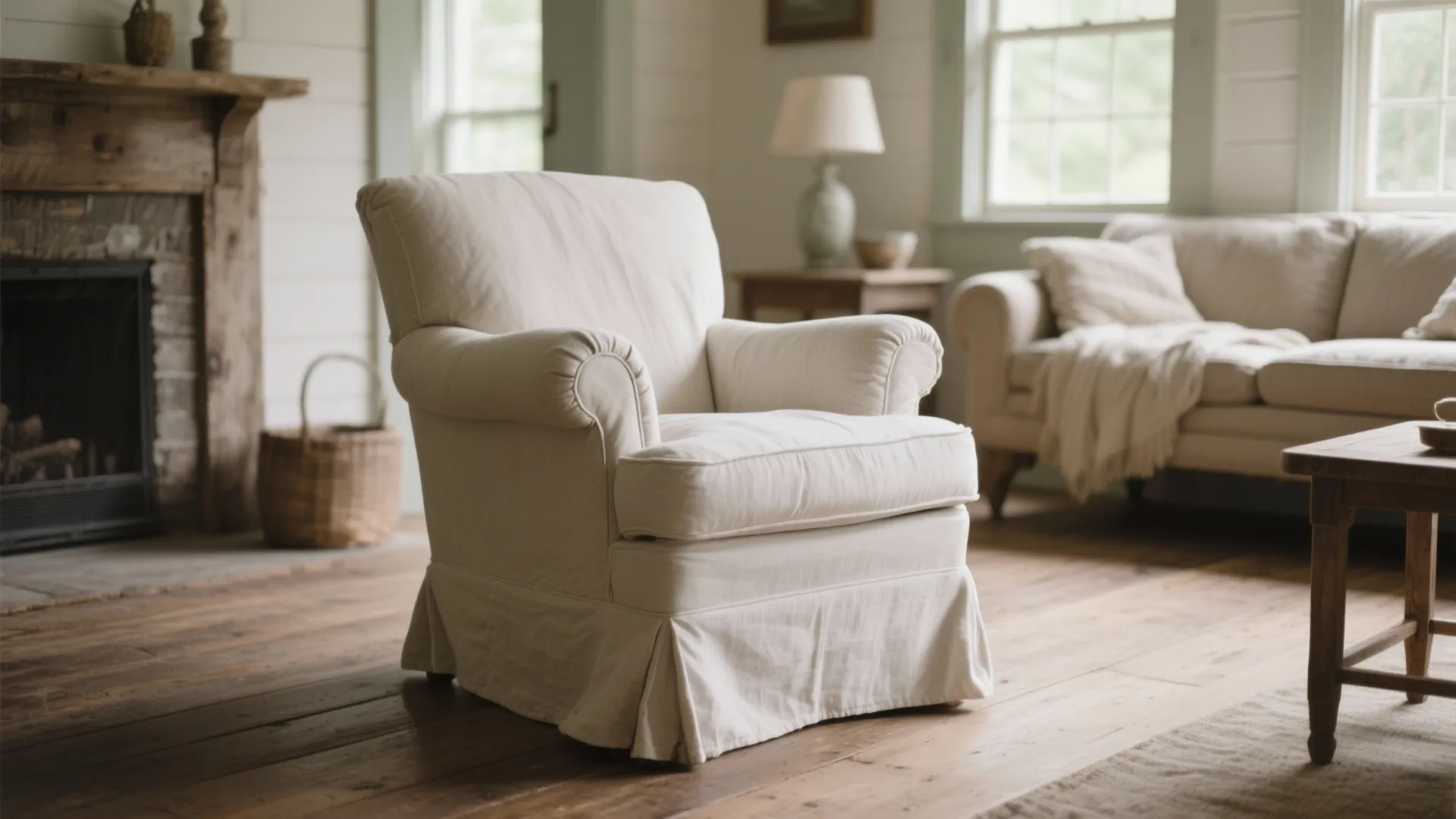 Comfortable white fabric sofa chair in a cozy living room with wooden floor and fireplace