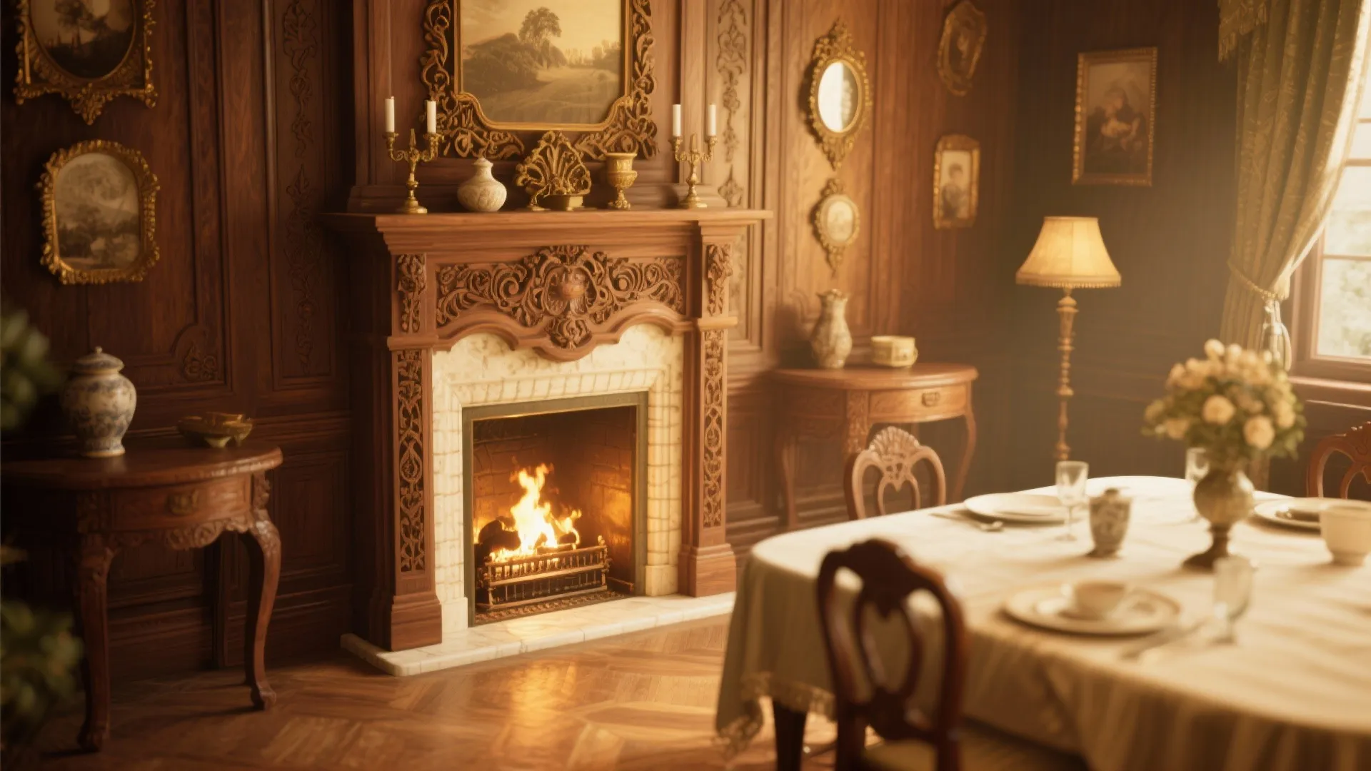 Classic dining room with wood wall panel carved fireplace burning fire and a formal table