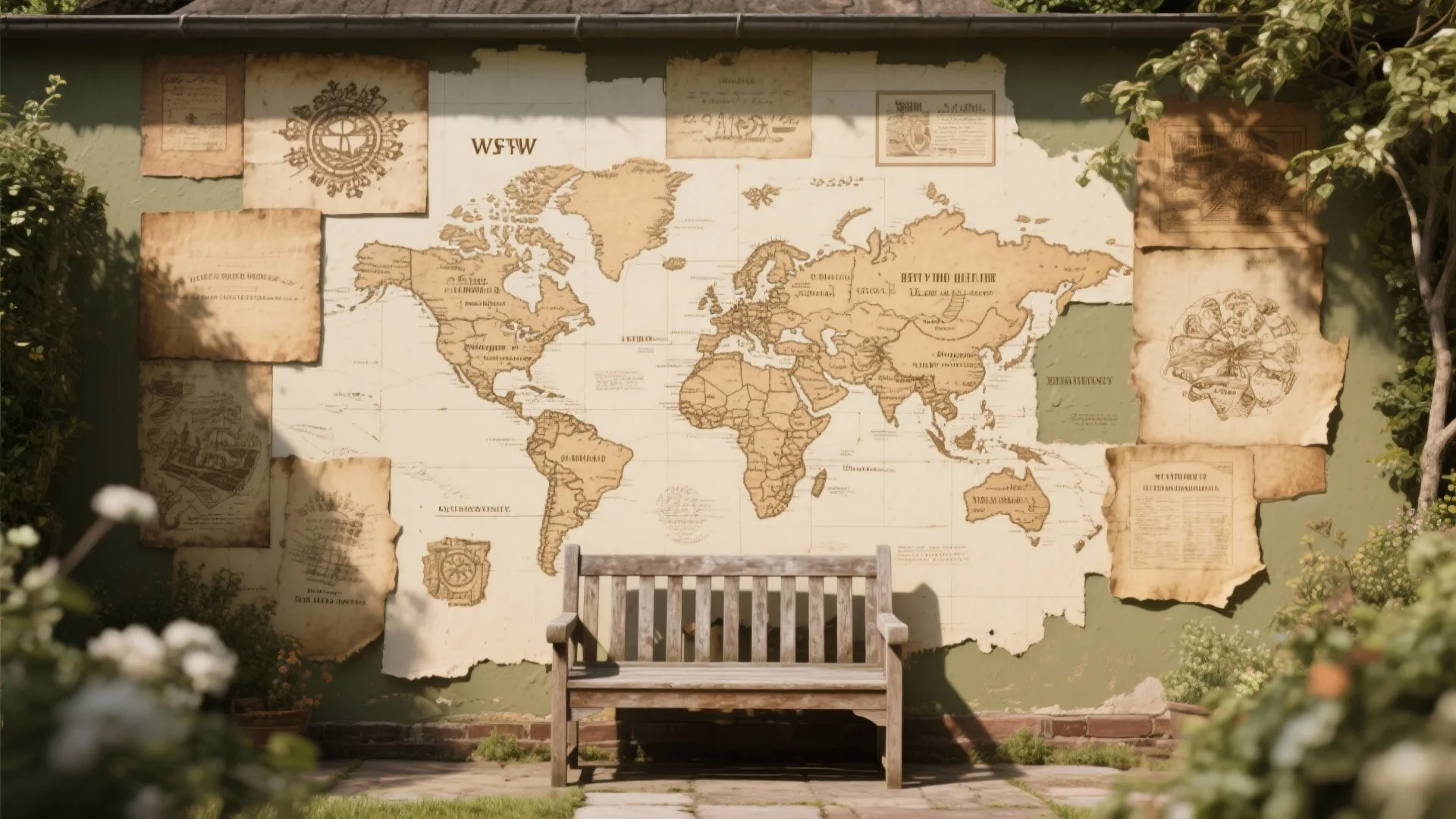 Garden wall covered in a vintage map collage of painted panels and stenciled map motifs with a bench.