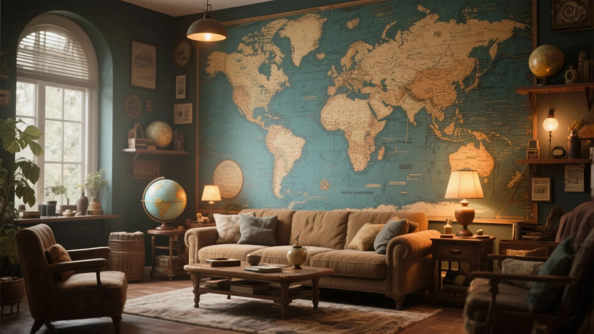 Vintage living room with world map wall mural brown sofa wooden coffee table and ceiling light