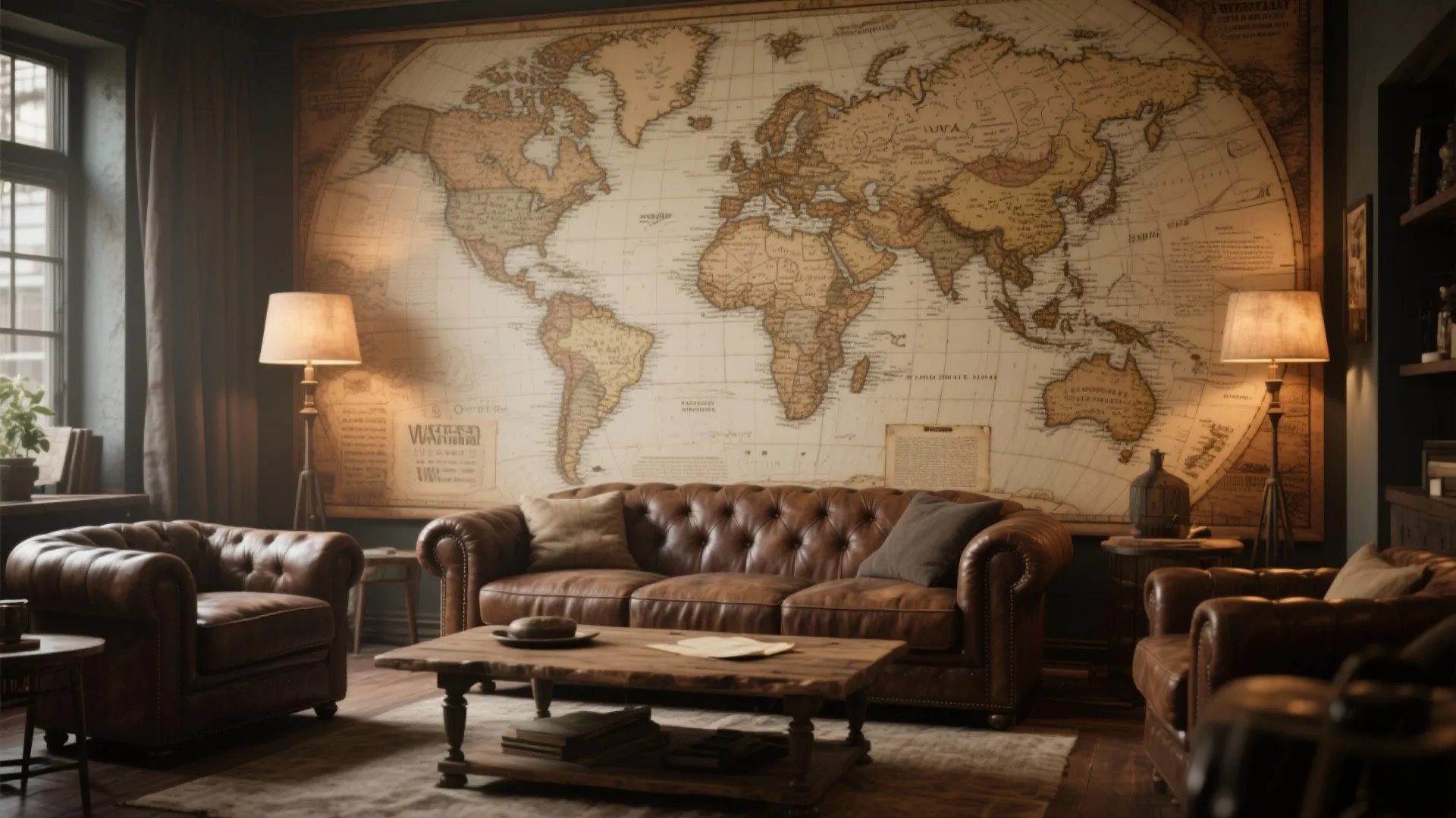 Vintage world map wall mural in study room with brown leather sofa and wooden table
