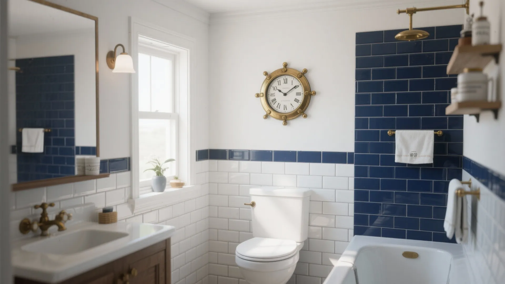 Classic bathroom featuring blue wall tiles white toilet gold wall light and round vintage clock