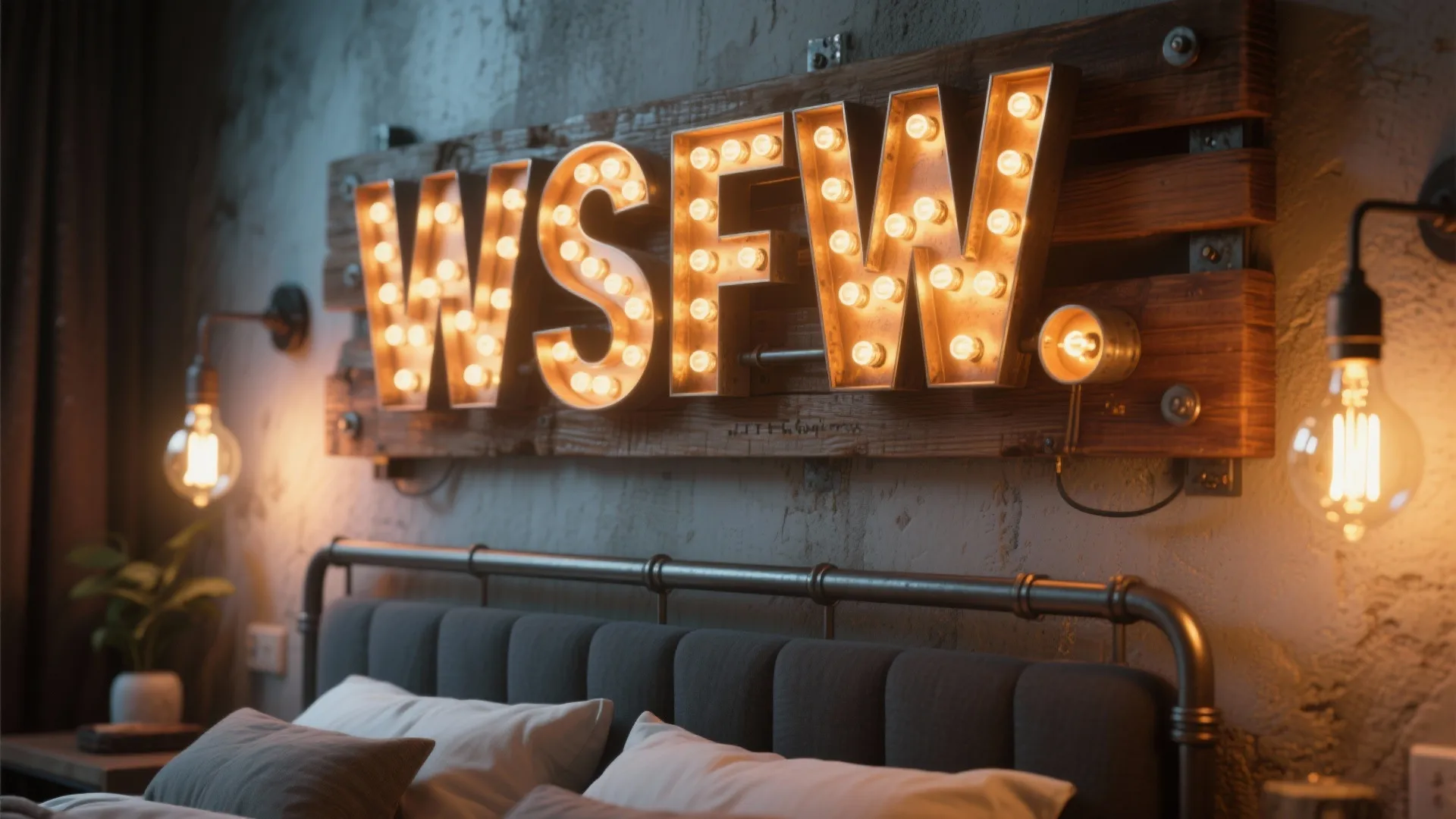Industrial bedroom featuring a large glowing letter sign mounted on wood above a grey bed