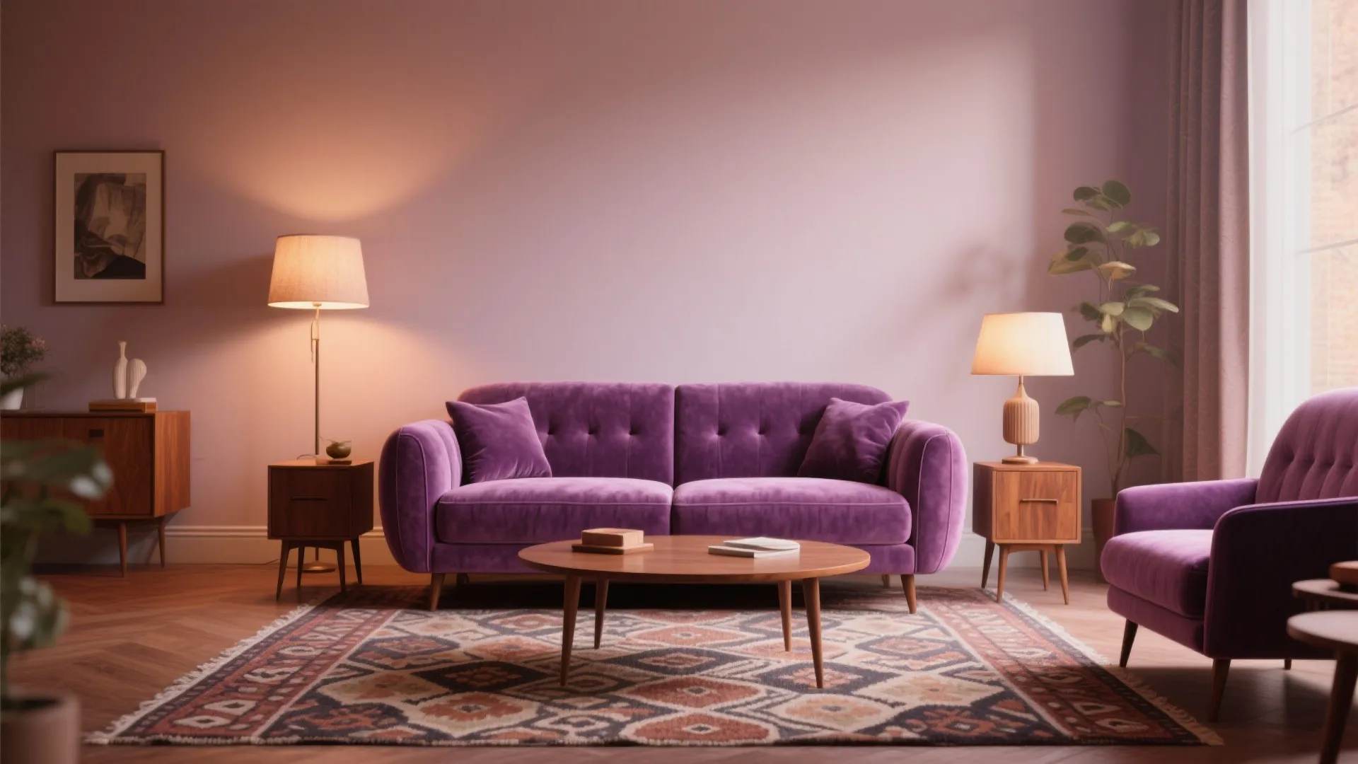 Vintage style living with mauve sofa and walnut tables