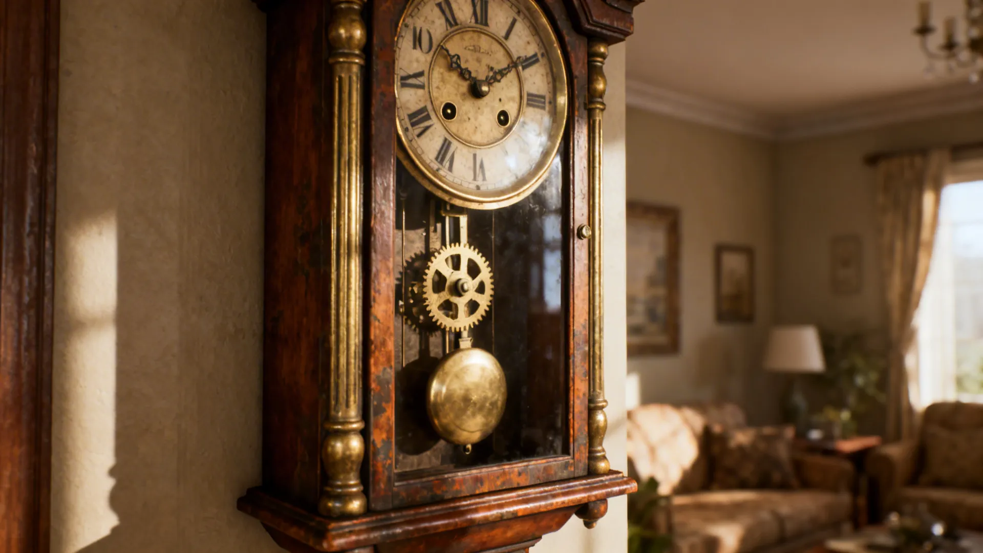 Close-up of a vintage mechanical pendulum wall clock with wood and brass details in a living room.