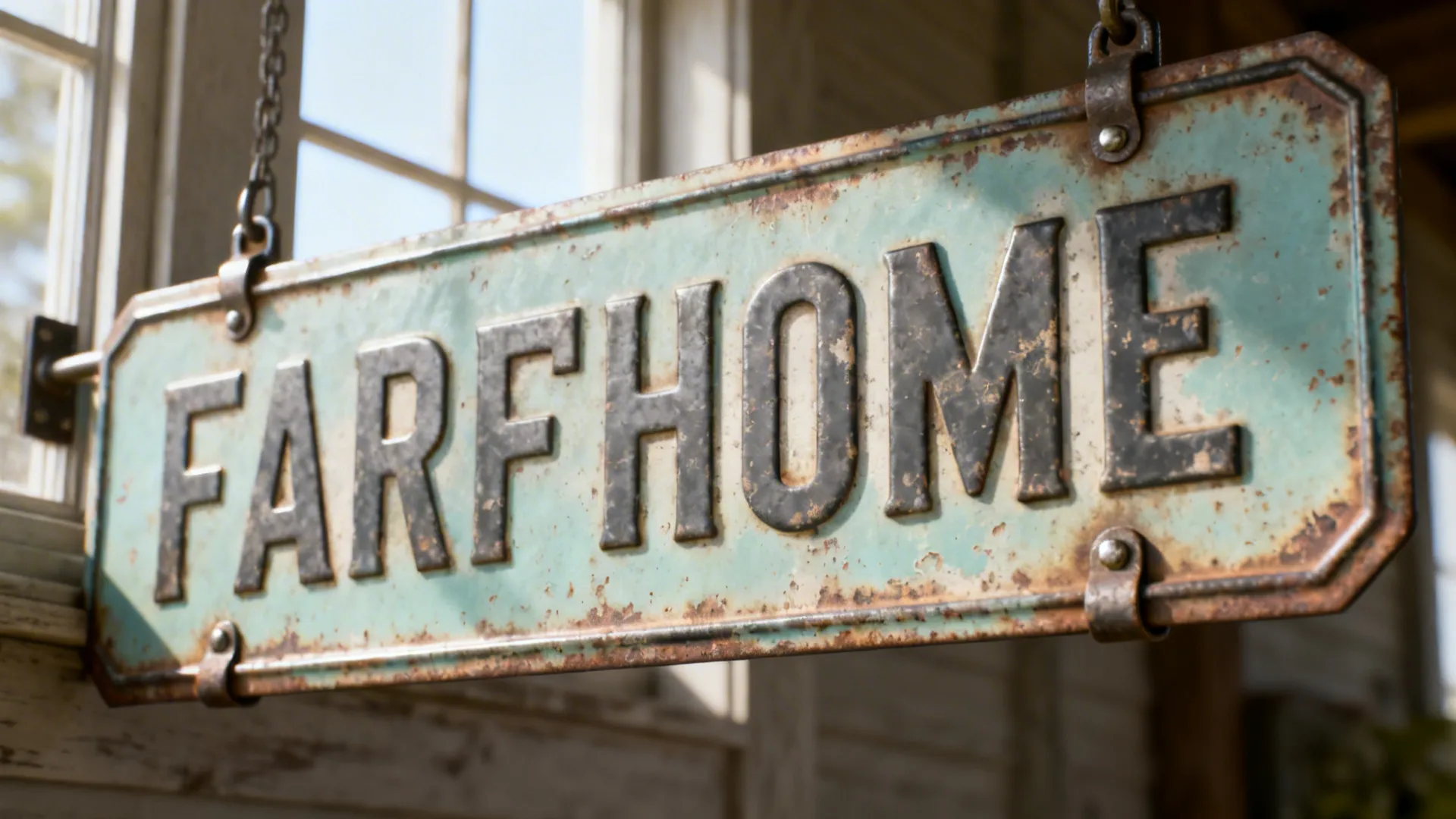 Vintage metal sign with FARHOME text hanging on chains in front of a sunny window