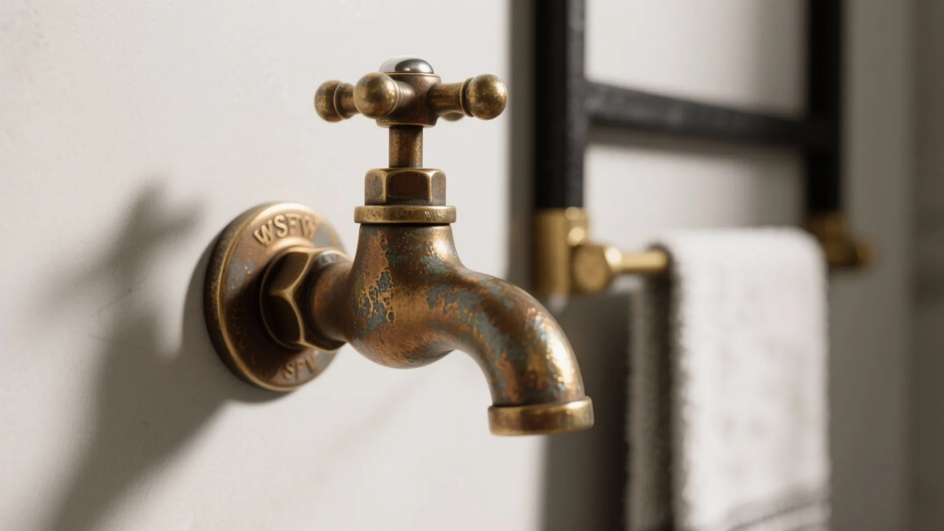 Close-up of vintage bronze wall mounted water faucet with cross handle and soft white towel