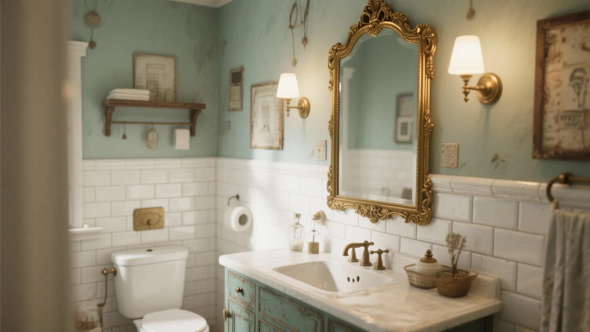 Vintage bathroom featuring gold frame mirror and wall lights over a white sink with green cabinet