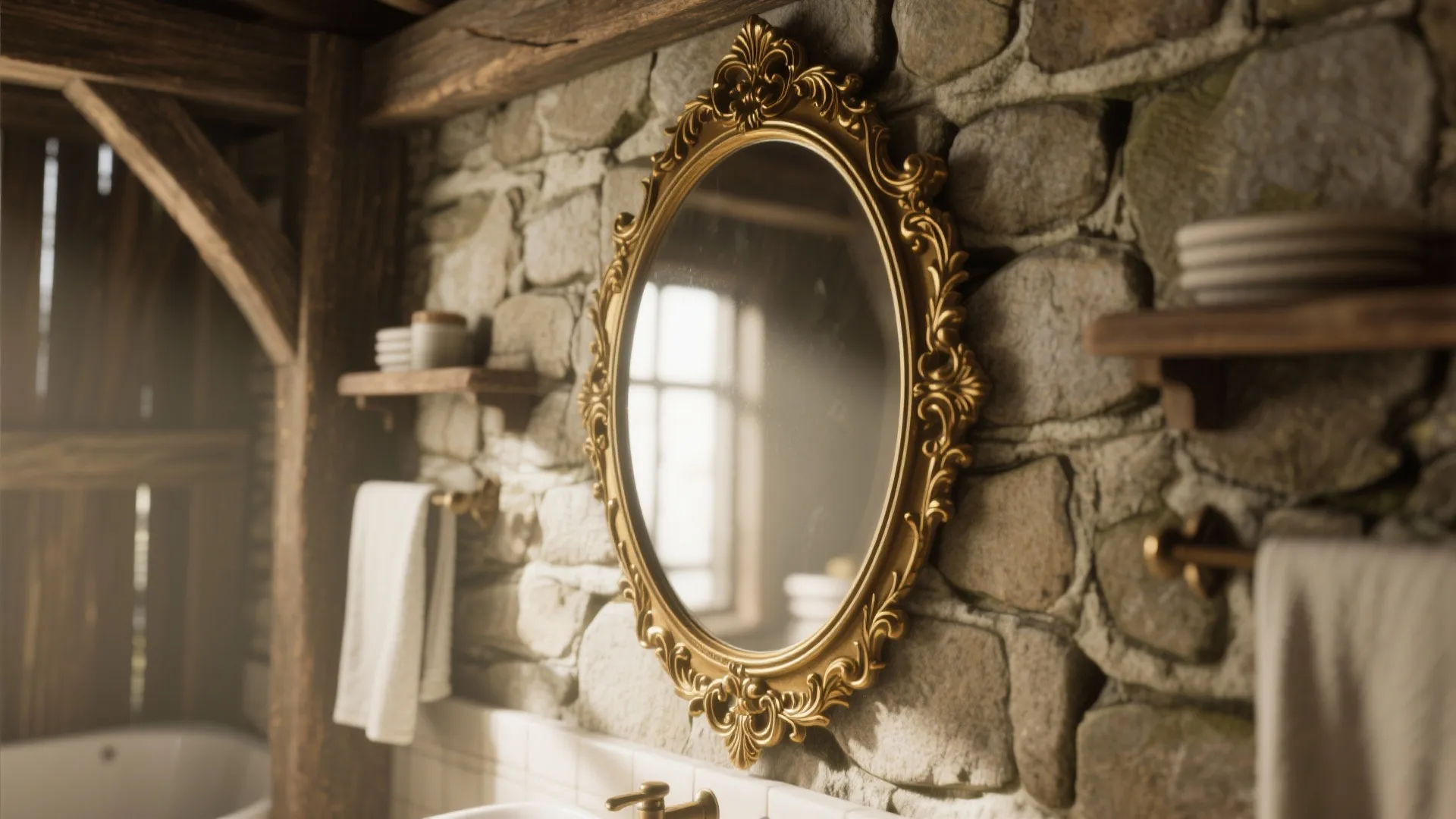 Gold vintage oval mirror hanging on a stone wall above a white bathroom vanity sink