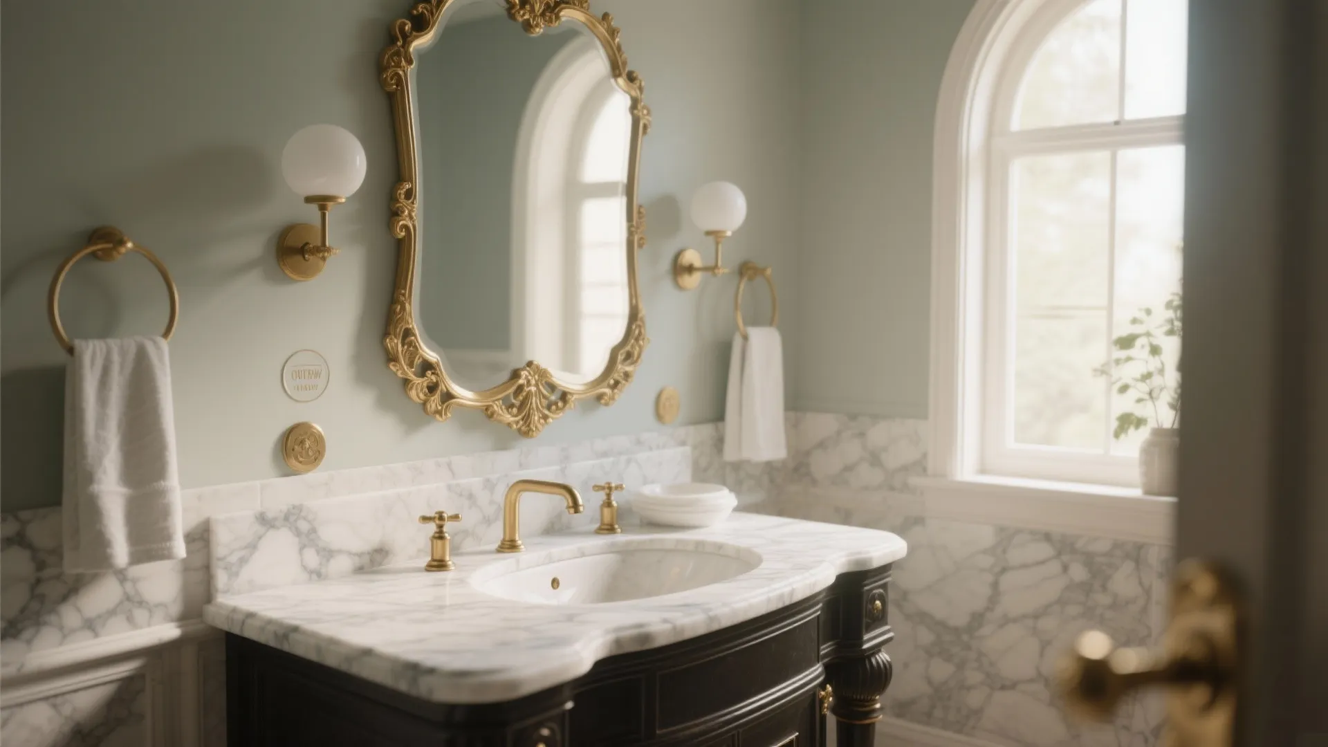 Classic bathroom vanity with marble countertop gold mirror two wall lights and light green walls