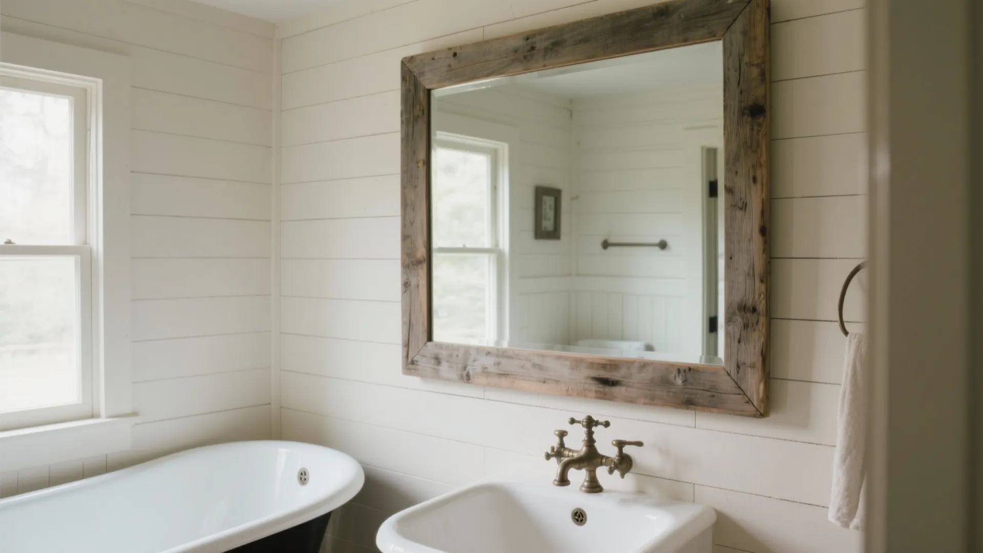 Large wooden mirror hanging above white sink next to black bathtub and white wall panels