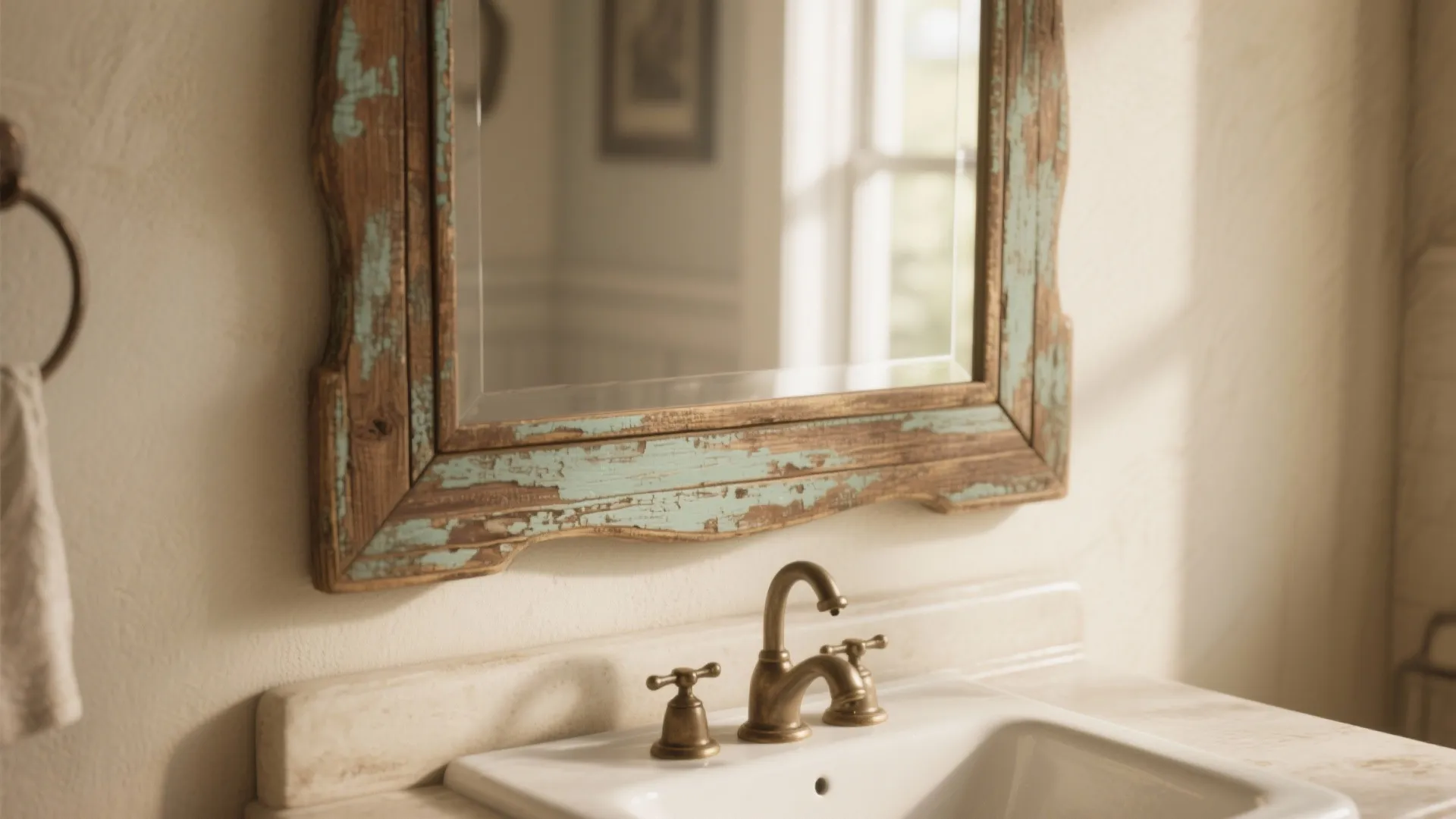 Vintage bathroom mirror with distressed blue paint frame above a white sink with brass water tap