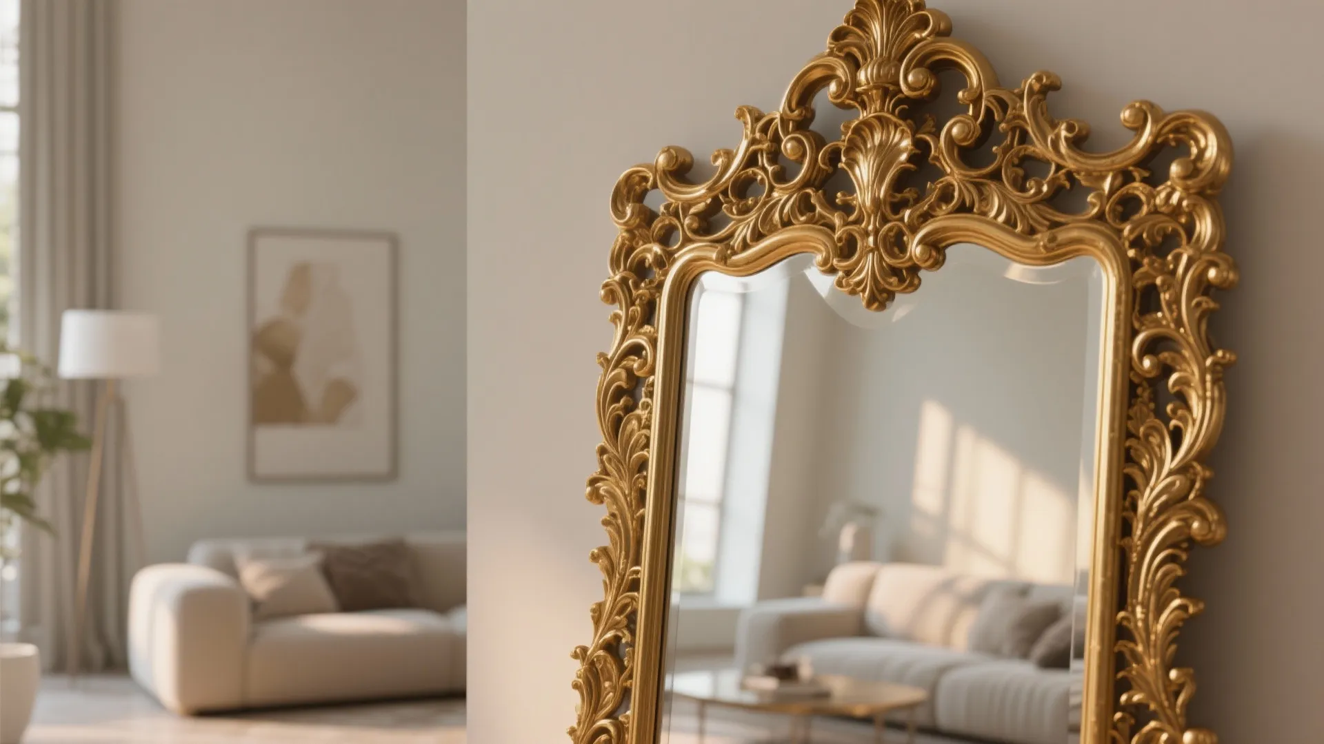 Ornate golden mirror frame on wall reflecting blurred living room with white sofa and table