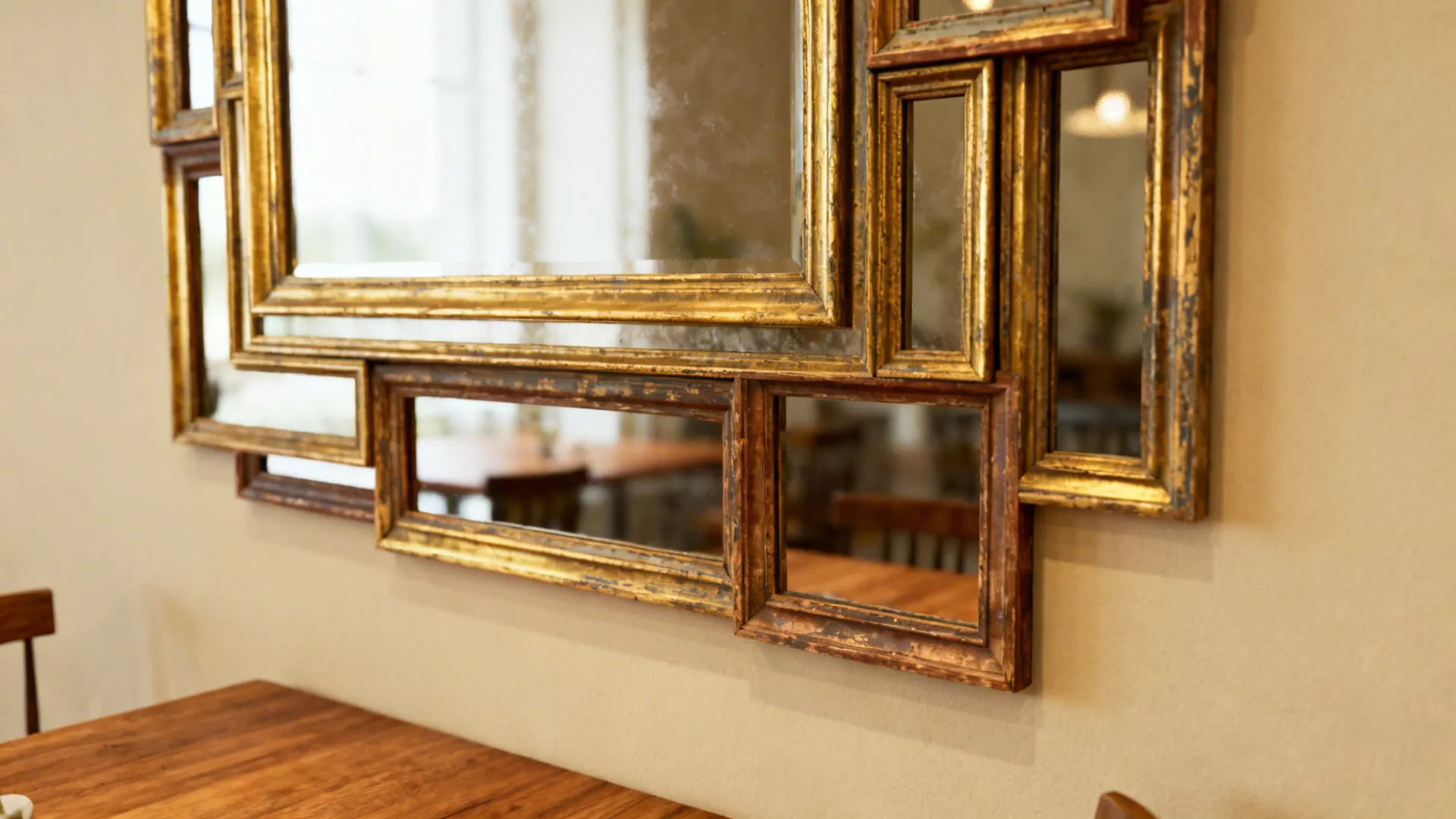 Oversized vintage mirror with layered distressed frames on a cream dining wall reflecting soft daylight.
