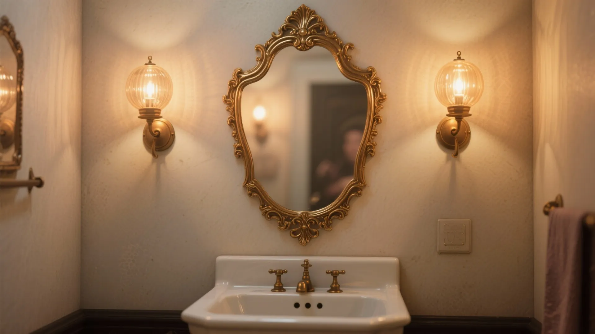 4. Vintage Mirror and Soft Globe Lighting