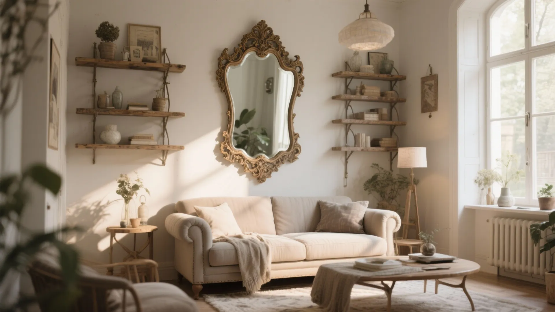 Living room with large ornate vintage wall mirror above sofa