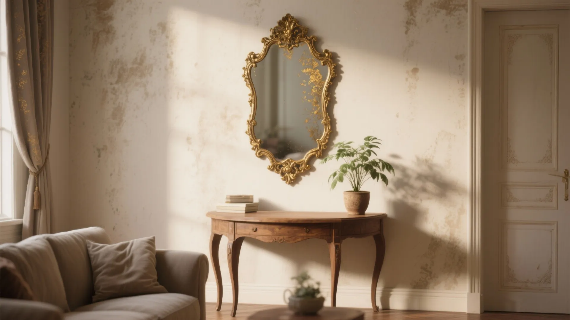 Elegant gold mirror hanging above a wooden cabinet in a sunny living room with sofa