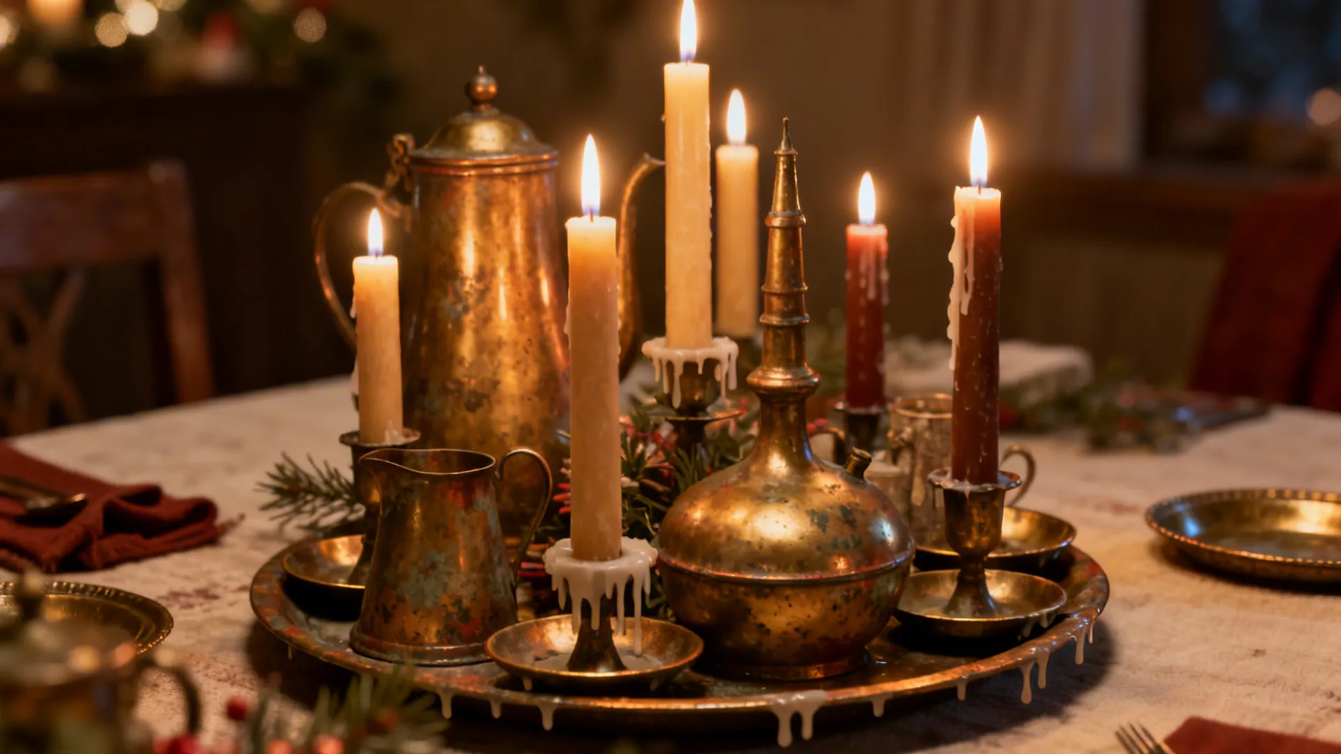 Vintage brass pieces and mismatched taper candles with drip trays on a table under warm light