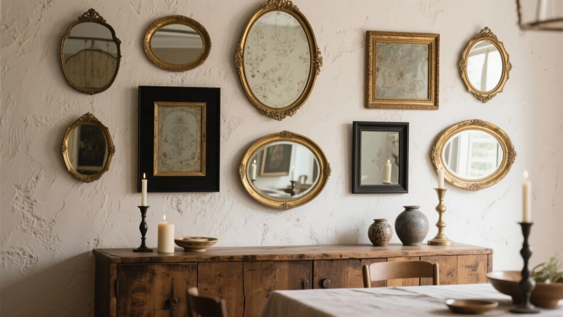 Vintage gallery wall with gold mirrors and black frames above wooden cabinet with lit candles