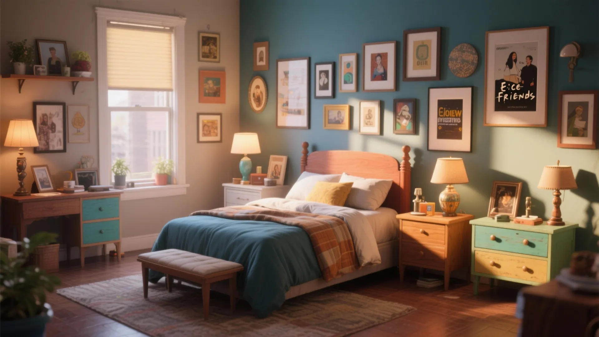 Bedroom with eclectic mix of vintage furniture pieces