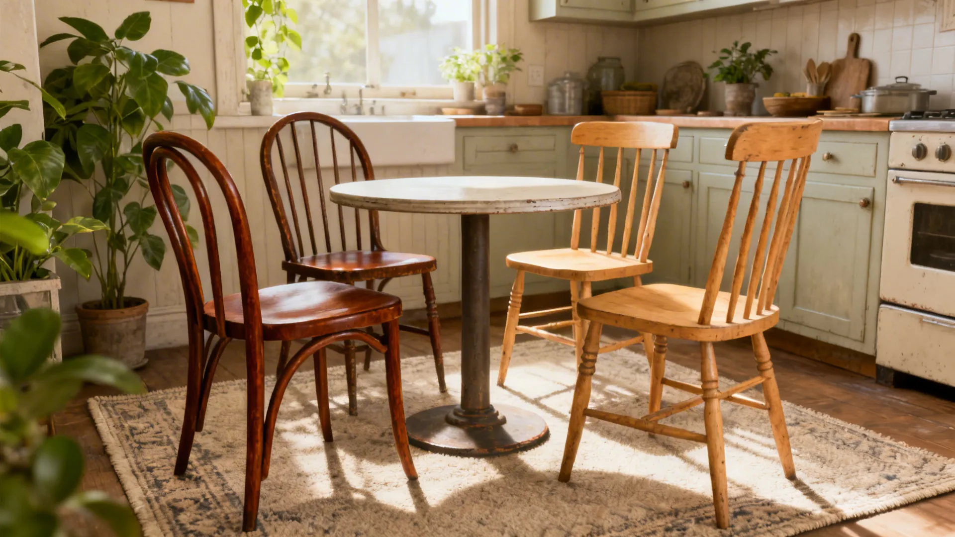 Classic kitchen with round wooden table mismatched vintage chairs green cabinets and large potted green plant