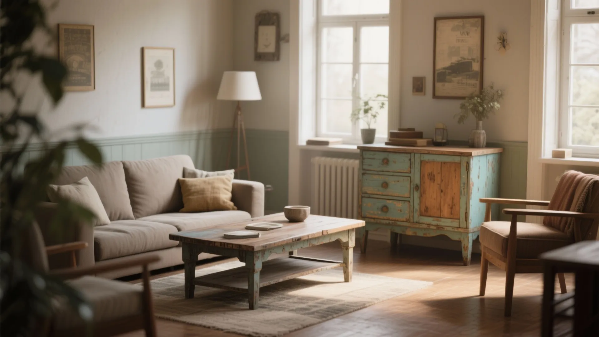 Mismatched vintage coffee table and repainted sideboard in a cozy living room