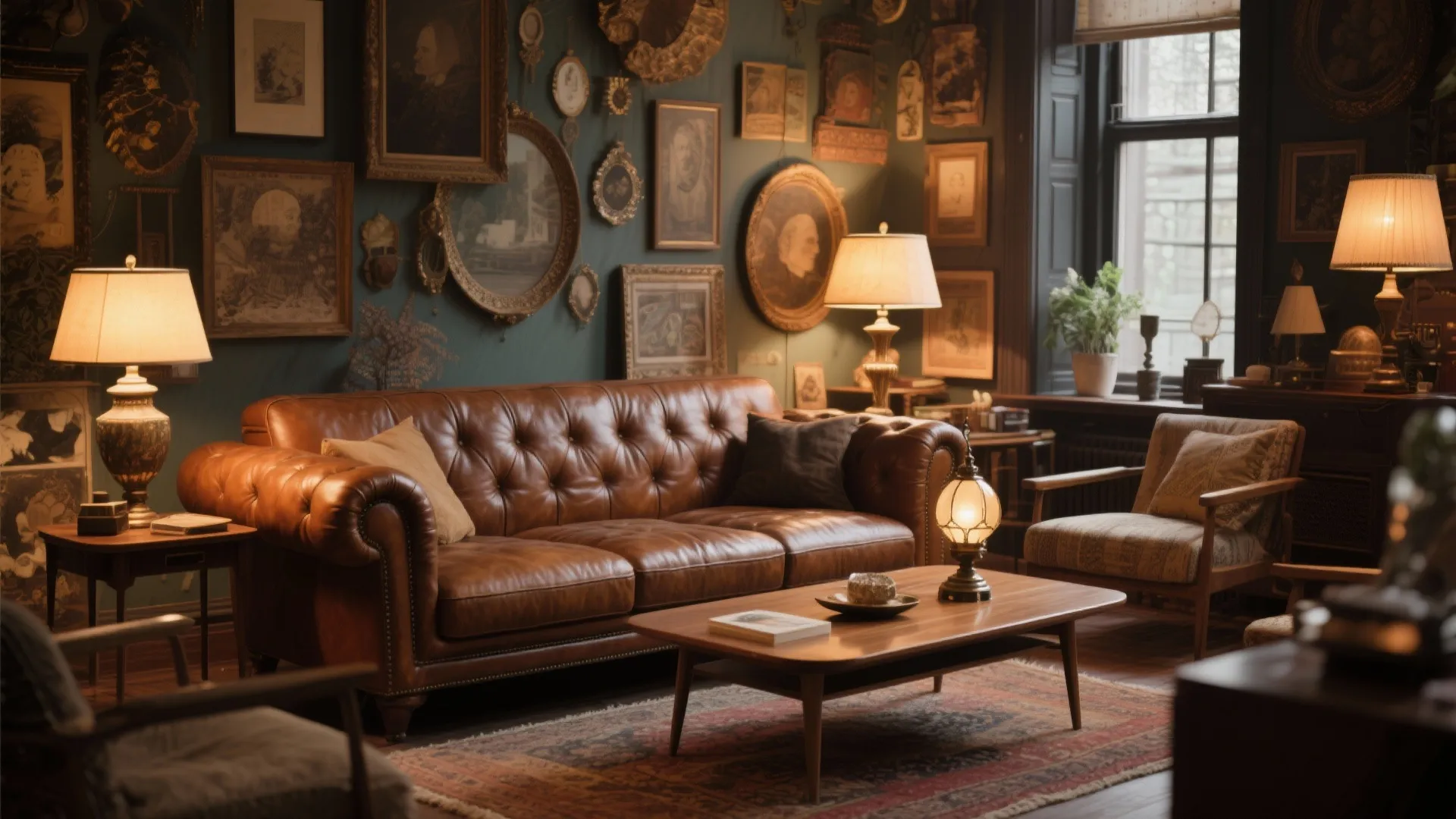 Brown leather couch with a mix of mid-century and antique furniture