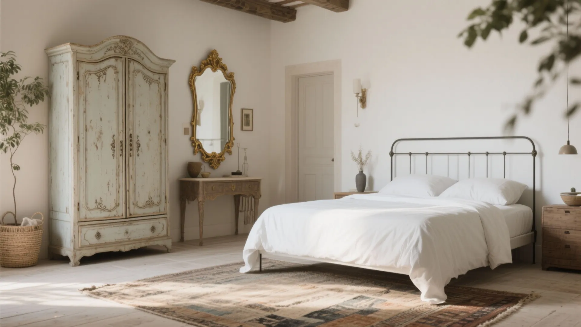 Vintage bedroom featuring a large white wooden cabinet gold mirror metal bed and patterned rug