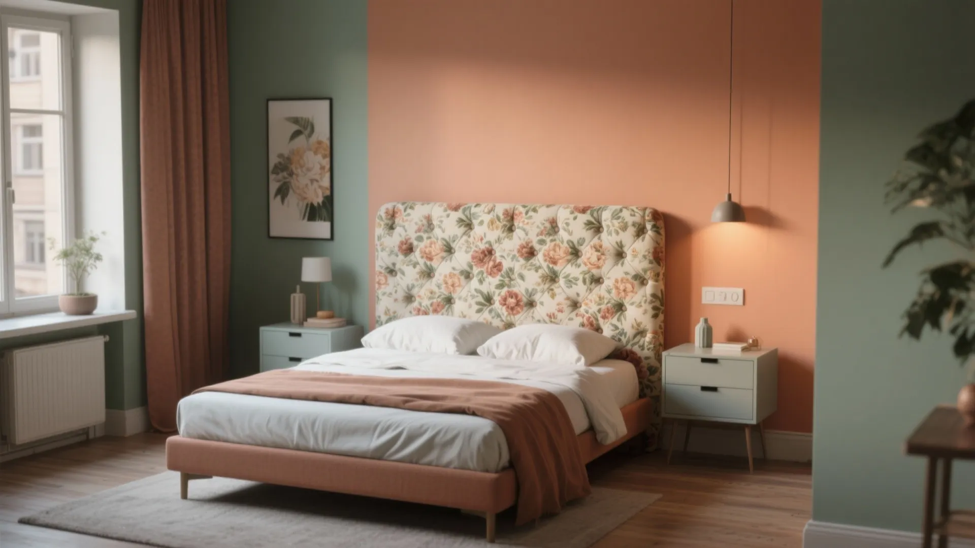 Modern bedroom with floral headboard green and orange walls blue nightstands and soft natural lighting