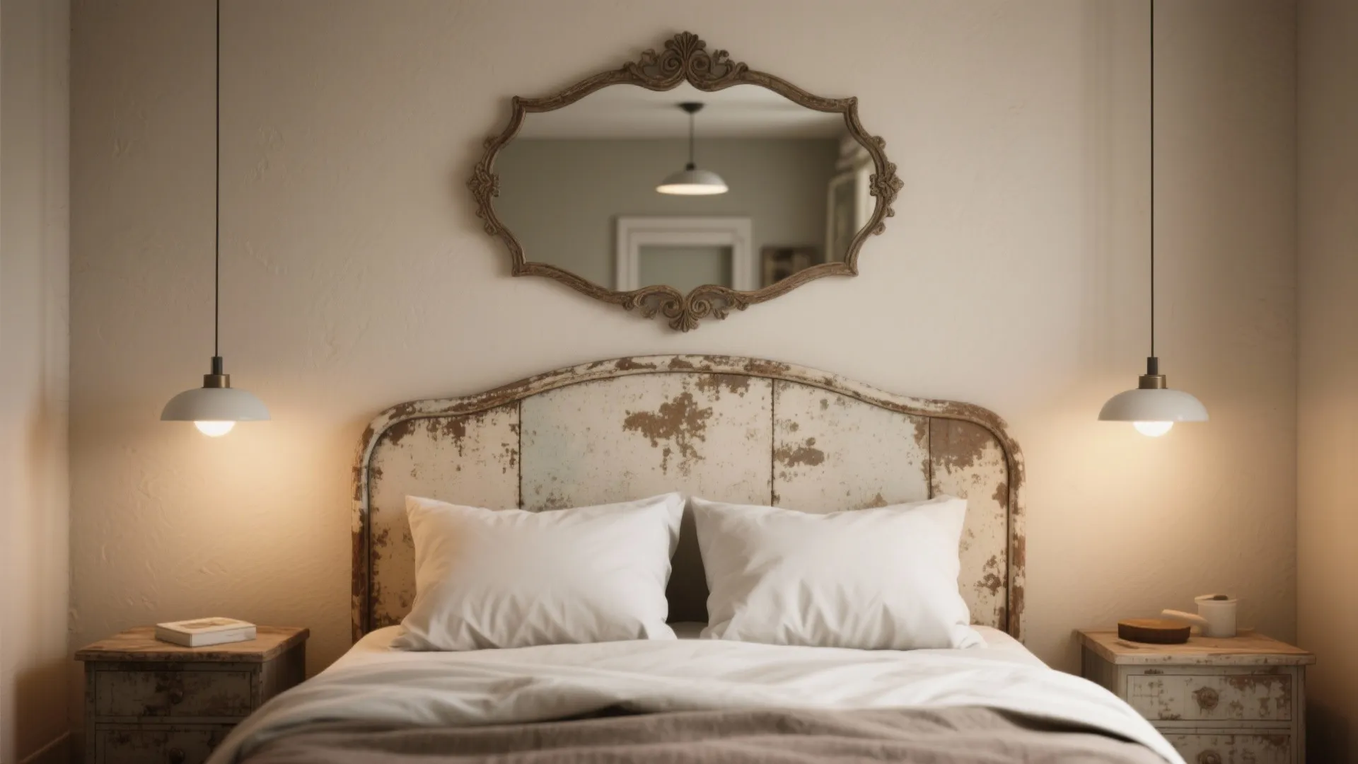 Vintage bedroom style with distressed headboard white pillows wall mirror and two hanging light fixtures
