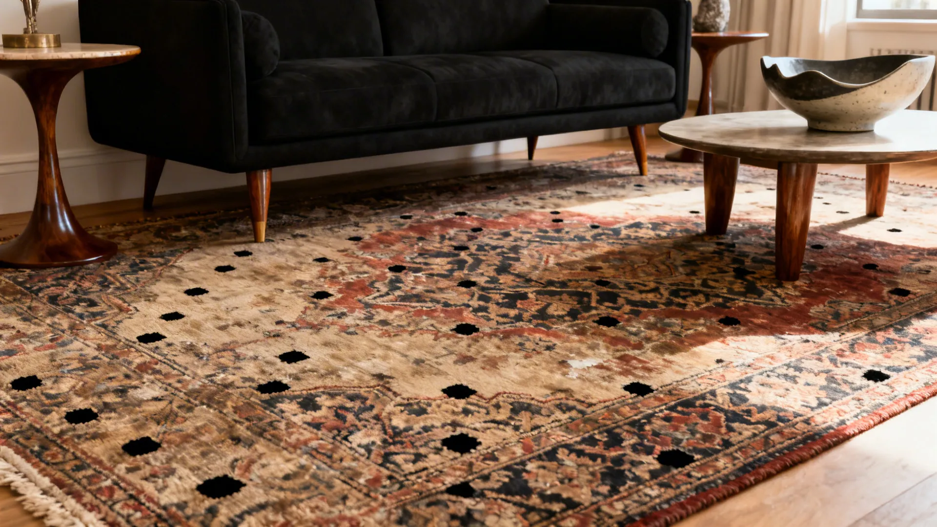 Modern black couch paired with a vintage oriental rug and mid-century accents.