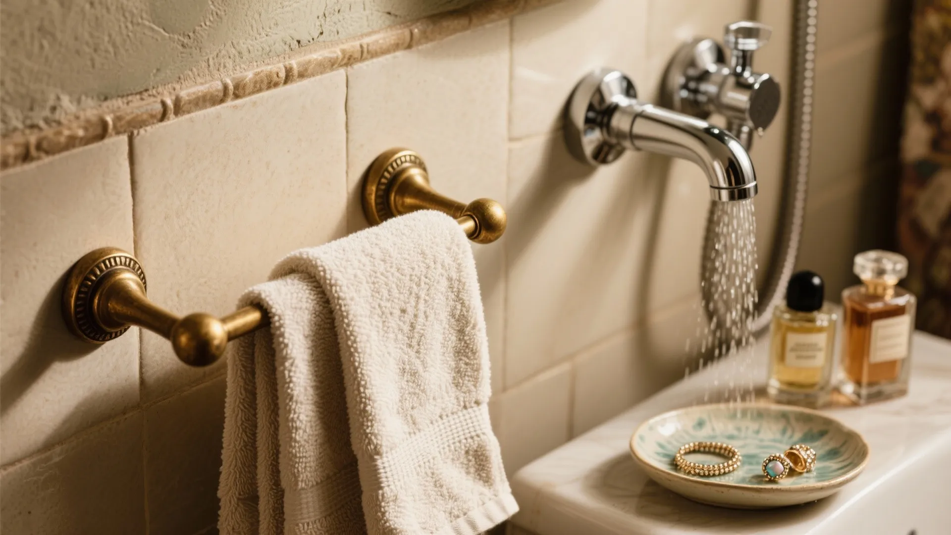 Detail of antique brass towel holder and modern shower with soft linens