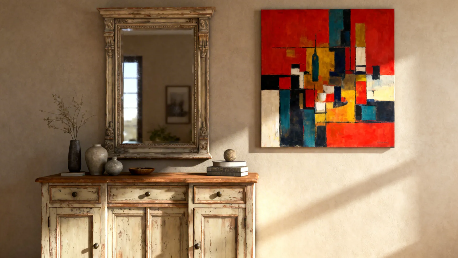Vintage white cabinet with mirror and colorful abstract painting on the wall with small vases
