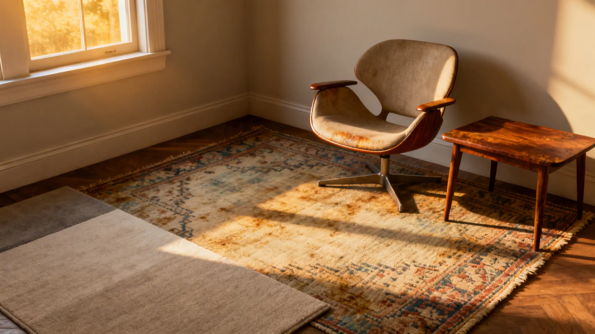 Before and after showing modern neutral rug replaced by a vintage handwoven rug under an Eames-style chair.
