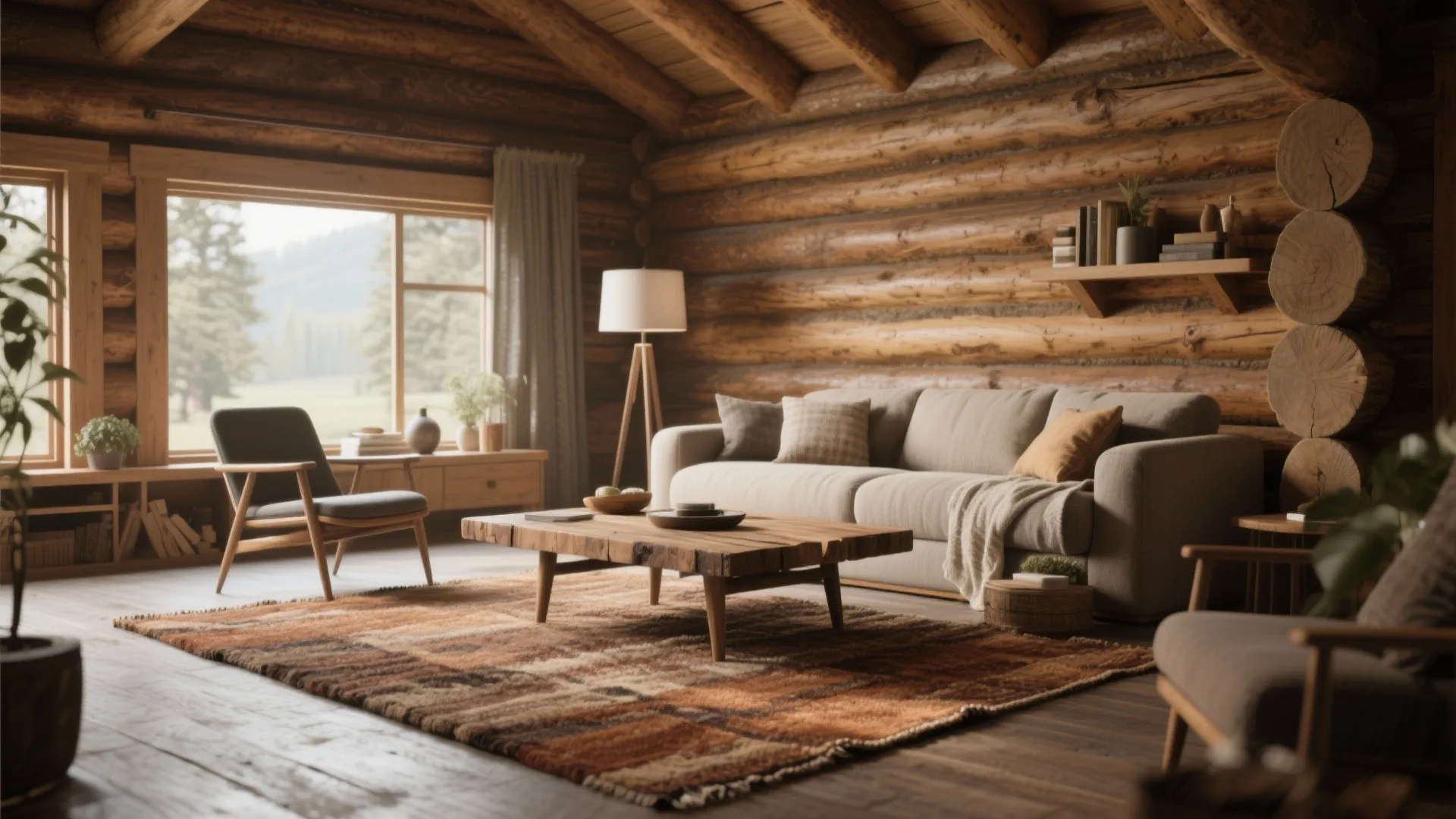 Rustic log cabin living room featuring a grey sofa wooden coffee table and floor lamp