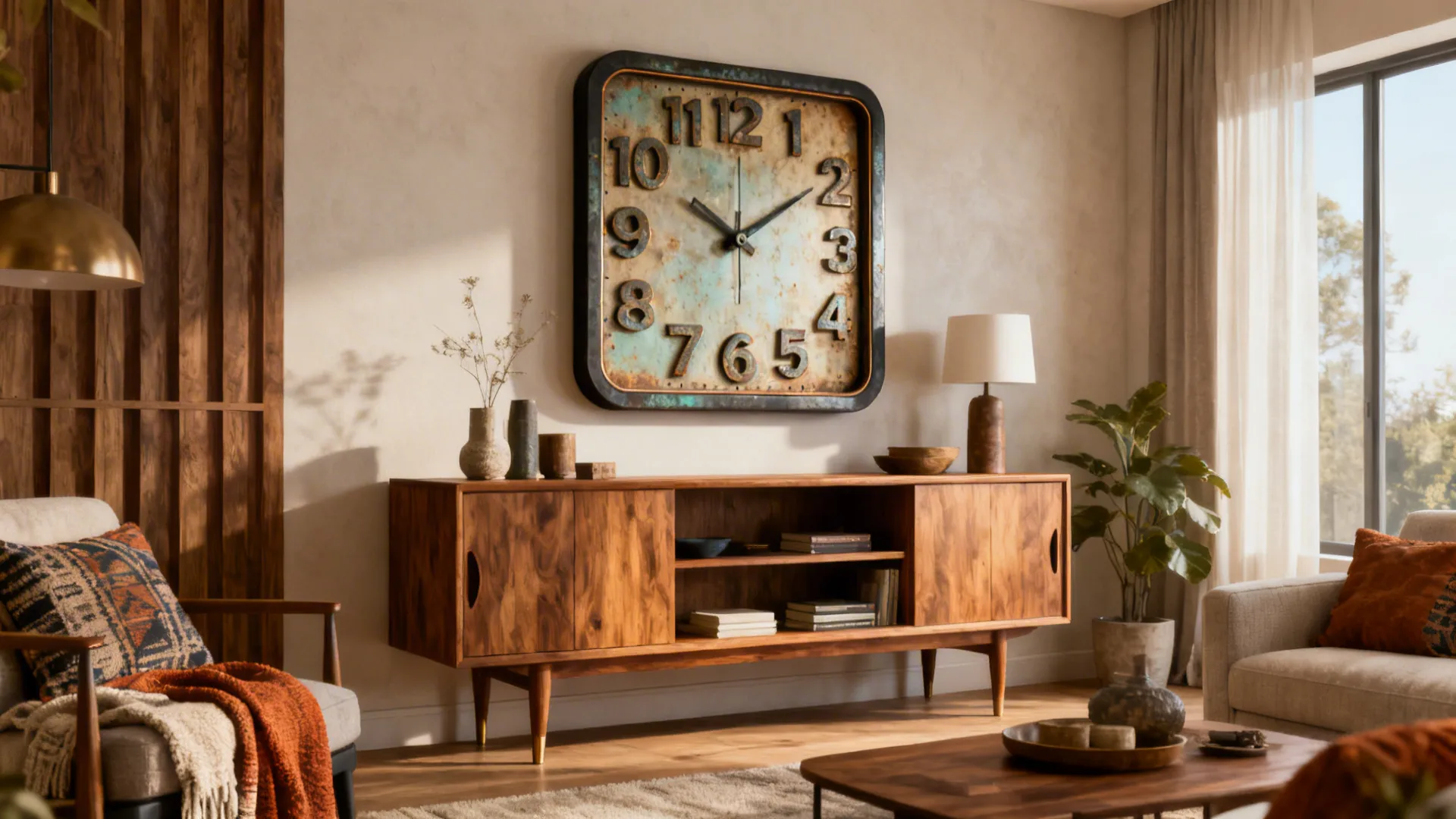 Living room with a vintage-modern hybrid clock above a mid-century credenza, warm and cohesive styling.