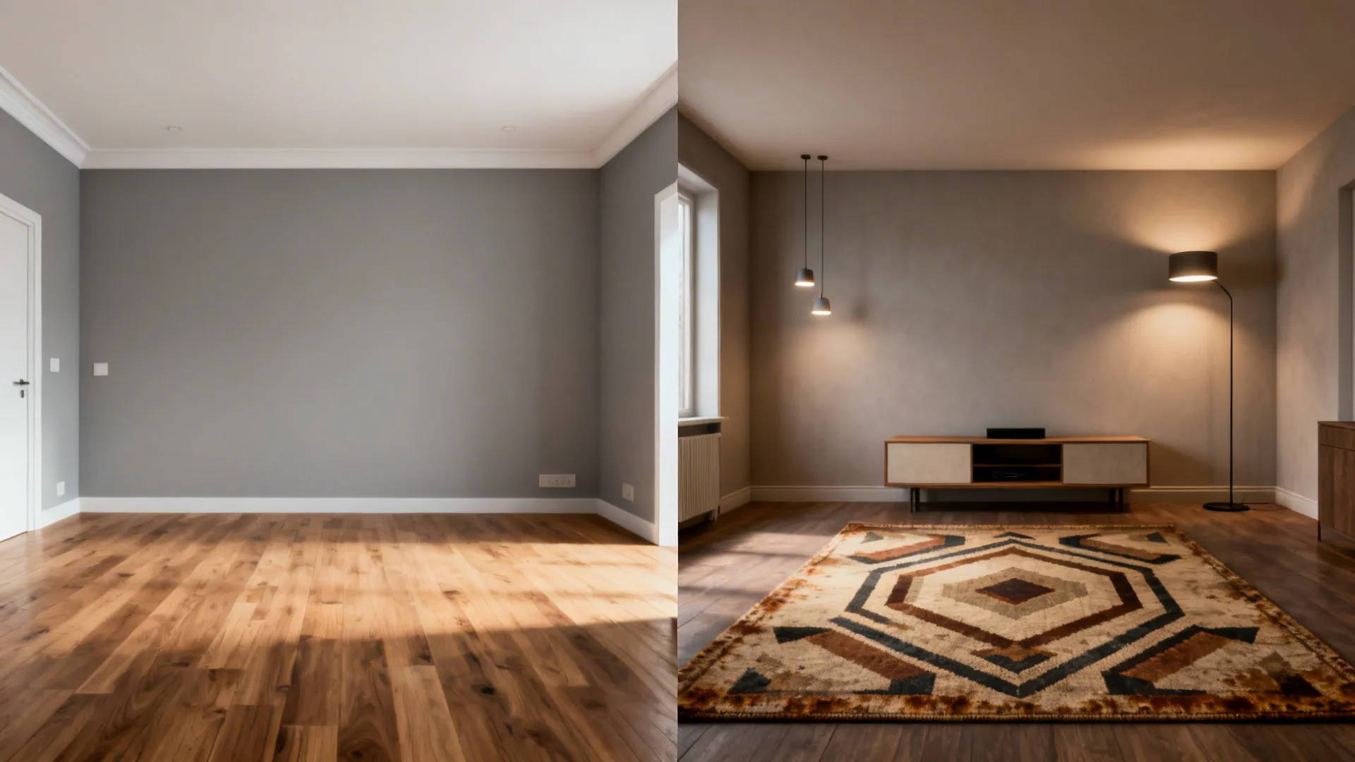 Before-and-after view showing a modern small living room transformed by a vintage mid-century rug and modern accents.