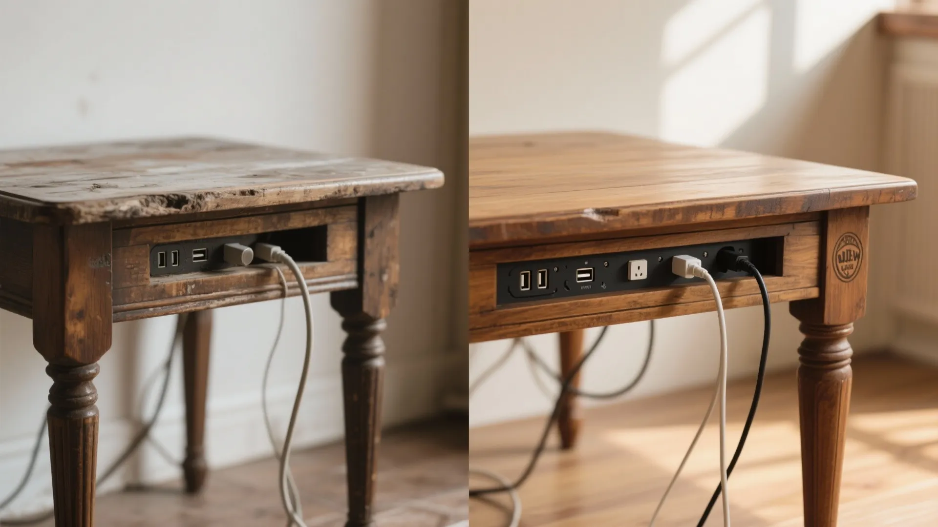 Vintage wooden table upgraded with cable and USB ports