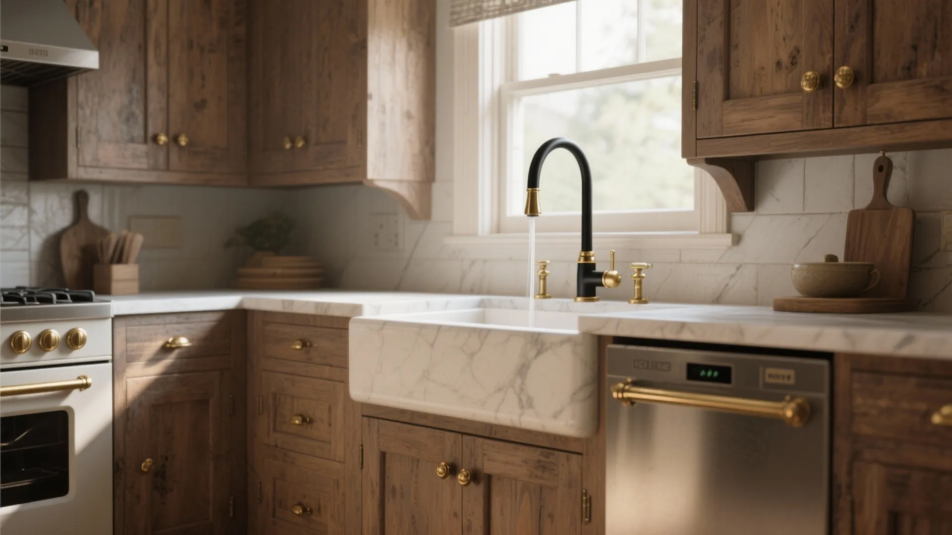 Renovated kitchen with vintage brass handles and a modern black pull-down faucet with brass accents.