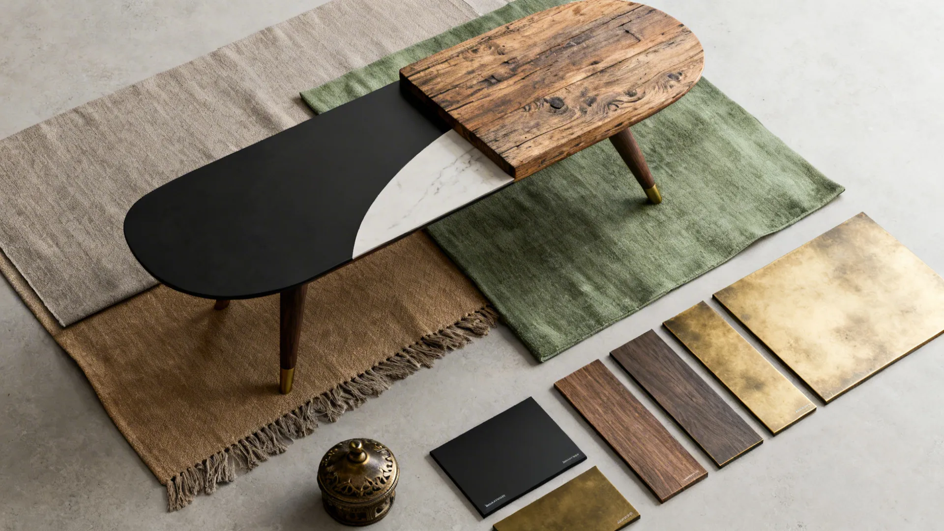Modern coffee table on green and brown rugs with wood and metal interior design samples